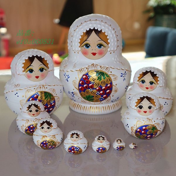 マトリョーシカ ロシア 人形 民芸品 土産物 手作り人形 10個組14cm 誕生日 北欧雑貨 オブジェ 手描き インテリア雑貨 白 伝統工芸